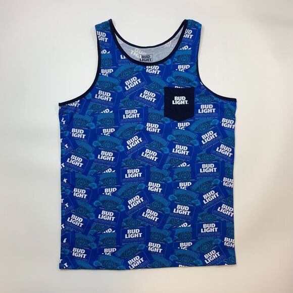 Budlight Beer Tank Top Mens L Large Blue Allover Print Sleeveless Round Neck - Picture 2 of 9